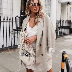 Zara Tan Linen Oversized Double Breasted Boyfriend Blazer Jacket